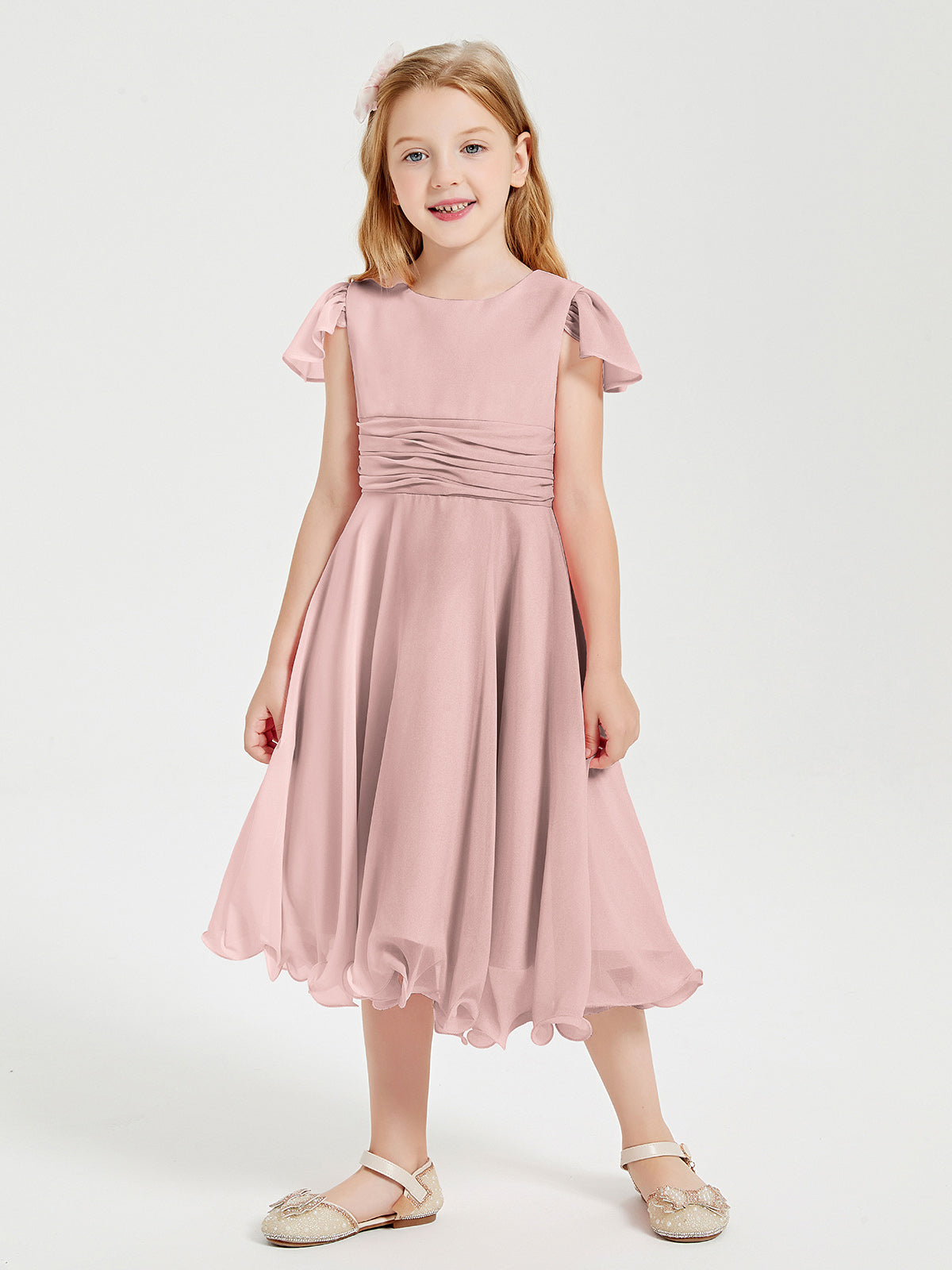 Chiffon Tea Length Junior Bridesmaid Dresses Dusty Rose